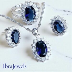 Stamped 925 Sterling Silver Blue Sapphire Ring 6 , Earrings and Pendant Necklace
